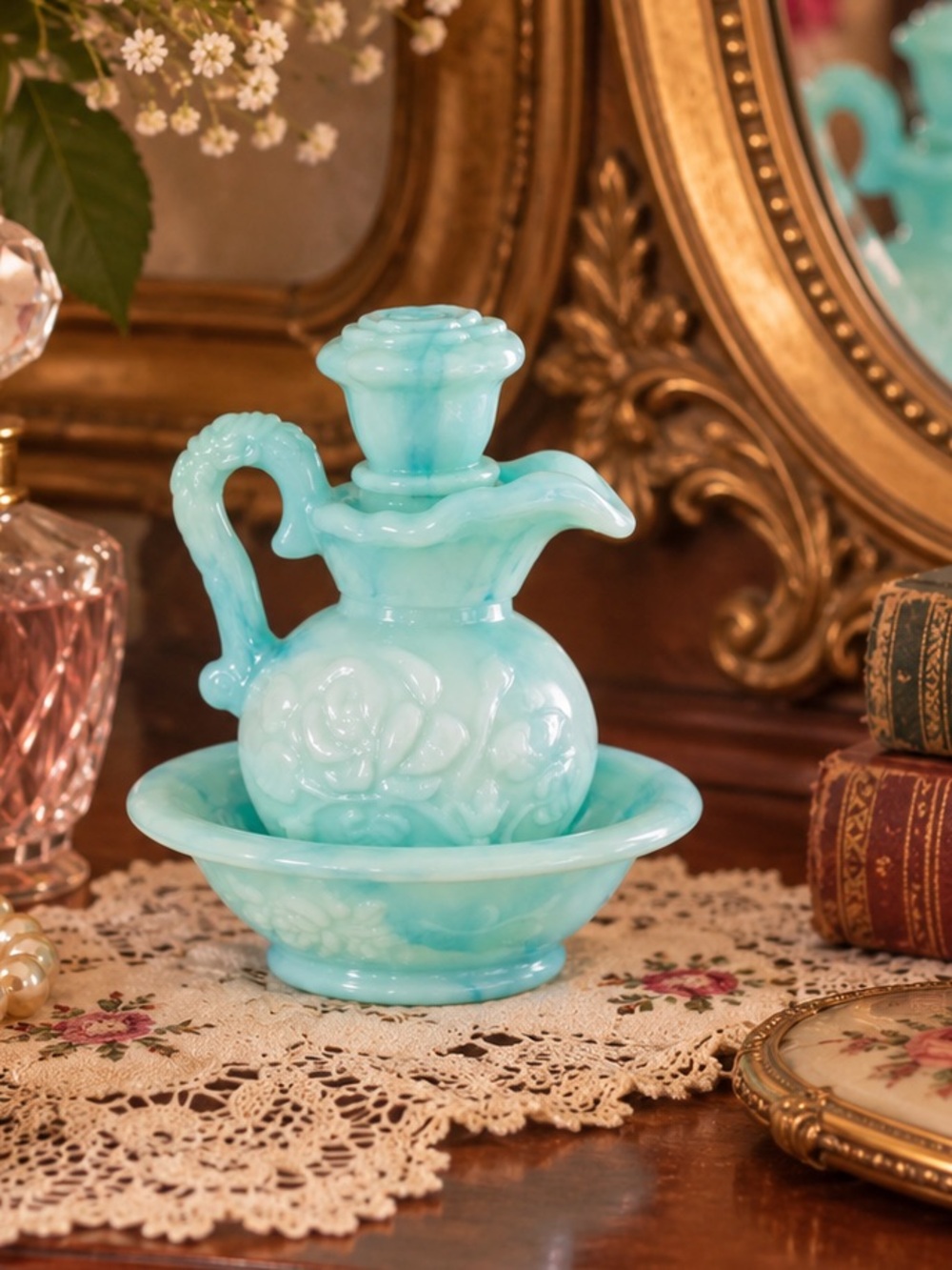 Vintage 1986 Avon Aqua Victoriana Milk Glass Pitcher & Bowl Set